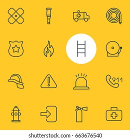 Vector Illustration Of 16 Emergency Icons. Editable Pack Of Hosepipe, Hotline, Exclamation And Other Elements.