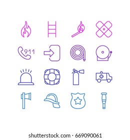 Vector Illustration Of 16 Emergency Icons. Editable Pack Of Stairs, Hardhat, Safety And Other Elements.