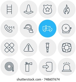 Vector Illustration Of 16 Emergency Icons. Editable Pack Of Alarm, Door, Stairs And Other Elements.