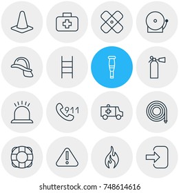 Vector Illustration Of 16 Emergency Icons. Editable Pack Of Spike, Alarm, Stairs And Other Elements.
