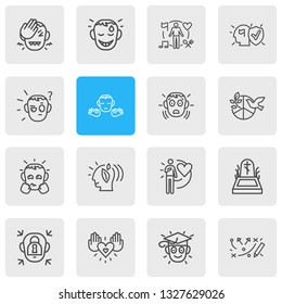 Vector illustration of 16 emoji icons line style. Editable set of death, behavior, learning and other icon elements.