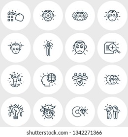 Vector illustration of 16 emoji icons line style. Editable set of alter ego, making choice, personality and other icon elements.