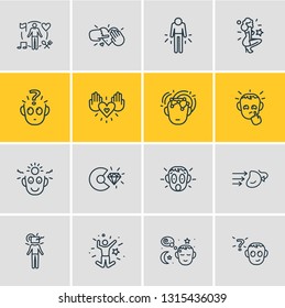 Vector illustration of 16 emoticon icons line style. Editable set of core values, shocked, behavior and other icon elements.