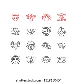 Vector illustration of 16 emoticon icons line style. Editable set of love, cognitive process, guilty and other icon elements.