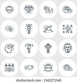 Vector illustration of 16 emoticon icons line style. Editable set of contribution, lonely, impact and other icon elements.