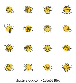 Vector illustration of 16 emoticon icons line style. Editable set of passion, fear, meditation and other icon elements.