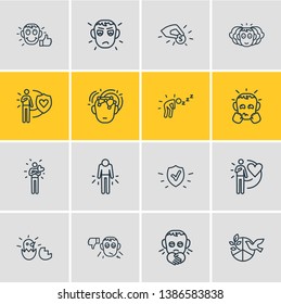 Vector illustration of 16 emoticon icons line style. Editable set of protection, gratitude, intelligence and other icon elements.