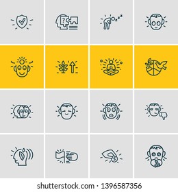 Vector illustration of 16 emoticon icons line style. Editable set of unsatisfied, problem solving, goals and other icon elements.