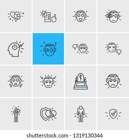 Vector illustration of 16 emotions icons line style. Editable set of surprised, offence, protection and other icon elements.