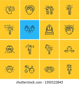 Vector illustration of 16 emotions icons line style. Editable set of death, empathy, innocent and other icon elements.
