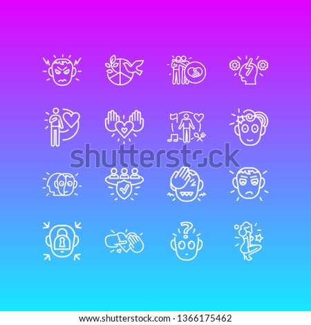 Vector illustration of 16 emotions icons line style. Editable set of loyalty, emotionally blocked, charity and other icon elements.
