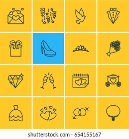 Vector Illustration Of 16 Engagement Icons. Editable Pack Of Bridegroom Dress, Chariot, Jewelry And Other Elements.