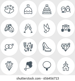 Vector Illustration Of 16 Engagement Icons. Editable Pack Of Patisserie, Wedding Gown, Jewelry And Other Elements.