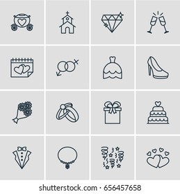 Vector Illustration Of 16 Engagement Icons. Editable Pack Of Patisserie, Building, Brilliant And Other Elements.