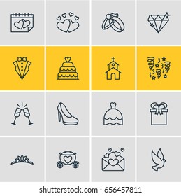 Vector Illustration Of 16 Engagement Icons. Editable Pack Of Patisserie, Building, Pigeon And Other Elements.