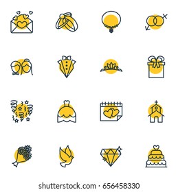 Vector Illustration Of 16 Engagement Icons. Editable Pack Of Present, Card, Accessories And Other Elements.