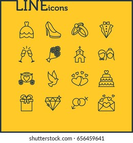 Vector Illustration Of 16 Engagement Icons. Editable Pack Of Chariot, Couple, Patisserie And Other Elements.