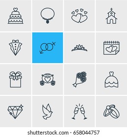 Vector Illustration Of 16 Engagement Icons. Editable Pack Of Accessories, Bridegroom Dress, Wedding Gown And Other Elements.