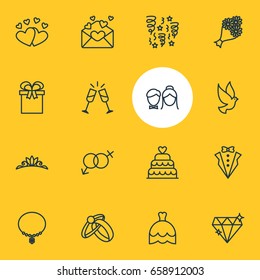 Vector Illustration Of 16 Engagement Icons. Editable Pack Of Accessories, Jewelry, Patisserie And Other Elements.