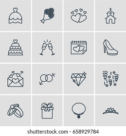 Vector Illustration Of 16 Engagement Icons. Editable Pack Of Bridal Bouquet, Calendar, Accessories And Other Elements.