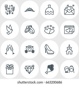 Vector Illustration Of 16 Engagement Icons. Editable Pack Of Wineglass, Love, Building And Other Elements.