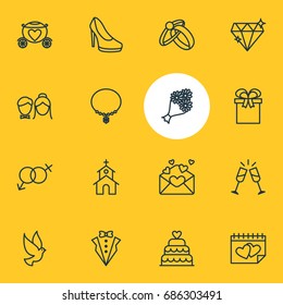 Vector Illustration Of 16 Engagement Icons. Editable Pack Of Bridal Bouquet, Sexuality Symbol, Pigeon And Other Elements.