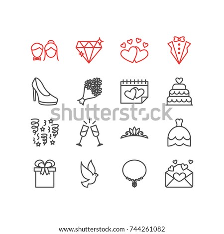 Vector Illustration Of 16 Engagement Icons. Editable Pack Of Decoration, Couple, Love And Other Elements.