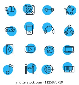 Vector illustration of 16 entertainment icons line style. Editable set of playing card, headphone, player and other icon elements.