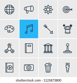 Vector illustration of 16 entertainment icons line style. Editable set of globe, arrow, camera and other icon elements.