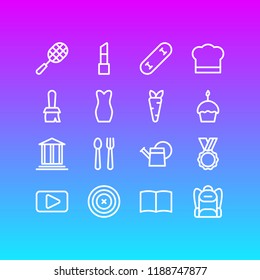 Vector illustration of 16 entertainment icons line style. Editable set of evening dress, brush, cooking and other icon elements.