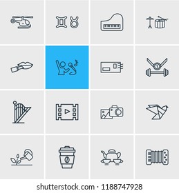 Vector illustration of 16 entertainment icons line style. Editable set of gardening, photography, copter and other icon elements.