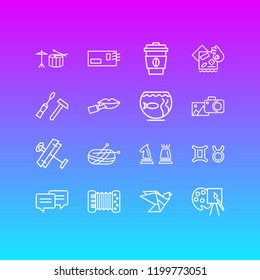 Vector illustration of 16 entertainment icons line style. Editable set of aquarium, origami, make up and other icon elements.