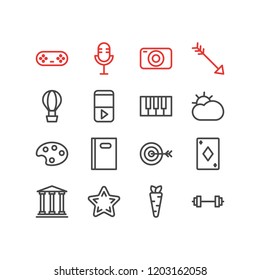 Vector illustration of 16 entertainment icons line style. Editable set of airship, barbell, theater and other icon elements.