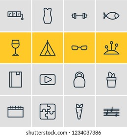 Vector illustration of 16 entertainment icons line style. Editable set of calendar, evening dress, wineglass and other icon elements.