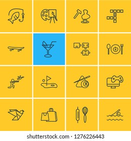 Vector illustration of 16 entertainment icons line style. Editable set of golf, crossword, skateboard and other icon elements.