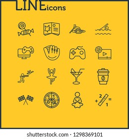 Vector illustration of 16 entertainment icons line style. Editable set of yoga, coffee, swimming and other icon elements.
