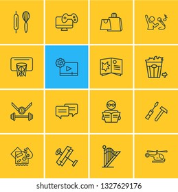 Vector illustration of 16 entertainment icons line style. Editable set of comic books, video maker, aeromodeling and other icon elements.