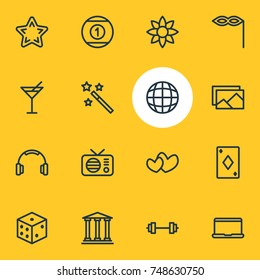 Vector Illustration Of 16 Entertainment Icons. Editable Pack Of Worldwide, Earmuff, Gambling And Other Elements.