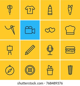 Vector Illustration Of 16 Entertainment Outline Icons. Editable Set Of Canvas, Spool, Love And Other Elements.