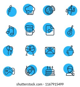 Vector illustration of 16 event icons line style. Editable set of playlist, cake, dj music and other icon elements.