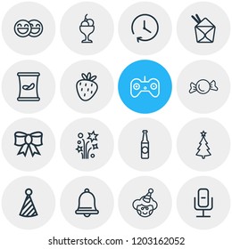 Vector illustration of 16 event icons line style. Editable set of festive bow, strawberry, happy people and other icon elements.