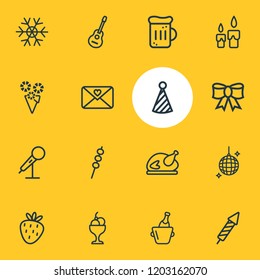 Vector illustration of 16 event icons line style. Editable set of turkey, ice cream bowl, candle icon elements.