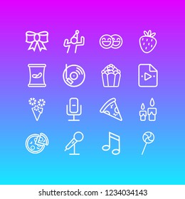 Vector illustration of 16 event icons line style. Editable set of dj music, popcorn, recording mic and other icon elements.
