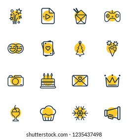 Vector illustration of 16 event icons line style. Editable set of petard, playlist, bullhorn and other icon elements.