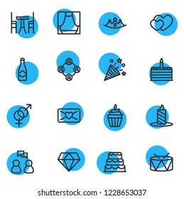 Vector illustration of 16 events icons line style. Editable set of mail, confetti, diamond and other icon elements.
