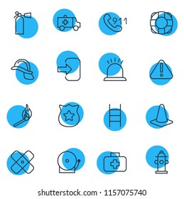 Vector illustration of 16 extra icons line style. Editable set of alarm, cone, attention and other icon elements.