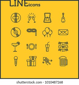 Vector illustration of 16 feast icons line style. Editable set of cocktail, beer, cd and other icon elements.