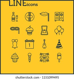 Vector illustration of 16 feast icons line style. Editable set of loudspeaker, present, wedding ring and other icon elements.