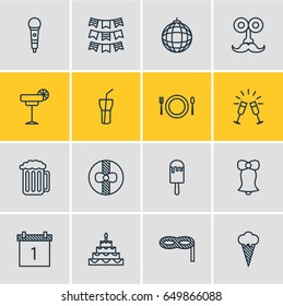 Vector Illustration Of 16 Feast Icons. Editable Pack Of Nightclub Ball, Draught, Cutlery And Other Elements.