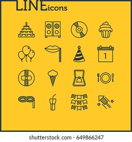 Vector Illustration Of 16 Feast Icons. Editable Pack Of Date Block, Soft Drink, Ice Cream And Other Elements.